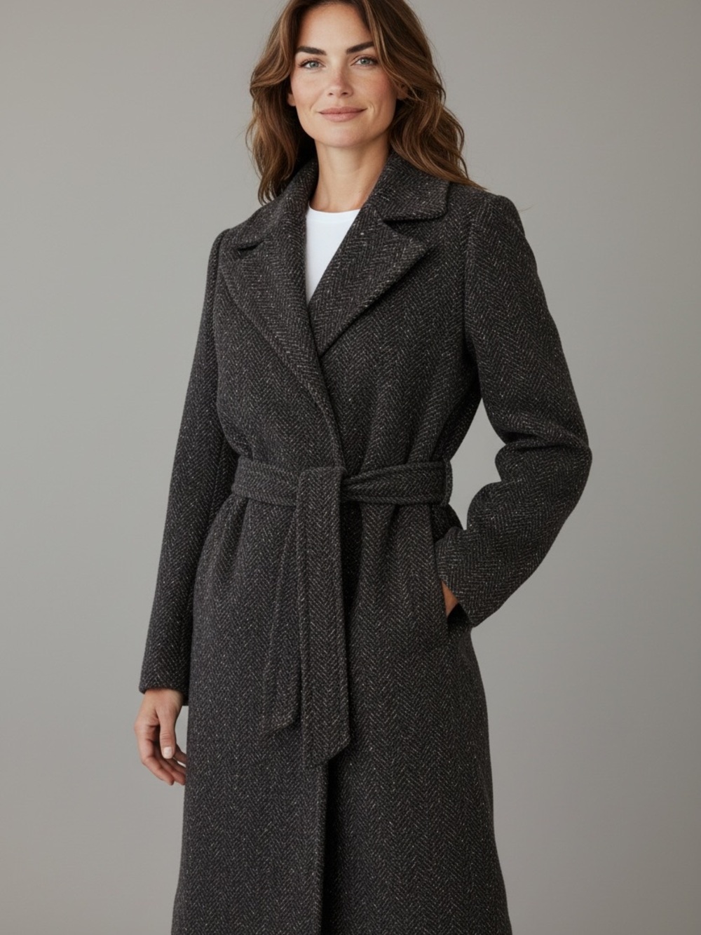 Bernardo Charcoal Herringbone Belted Trench Coat
